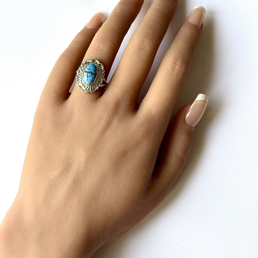 Navajo Blue Golden Hills Turquoise Ring Sz 7 Signed V Chee Sterling Native - Picture 2 of 8